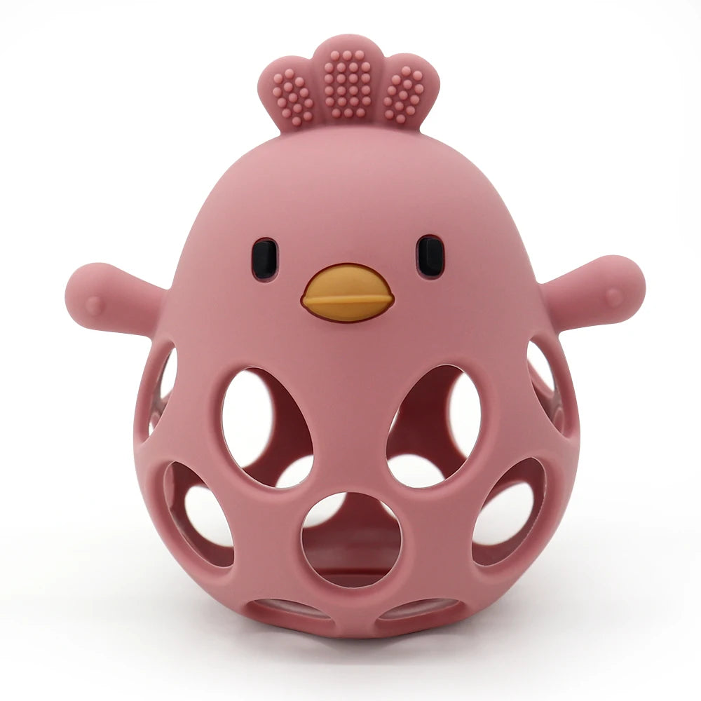 Pink silicone teething toy for baby, shaped like a bird to help soothe sore gums.