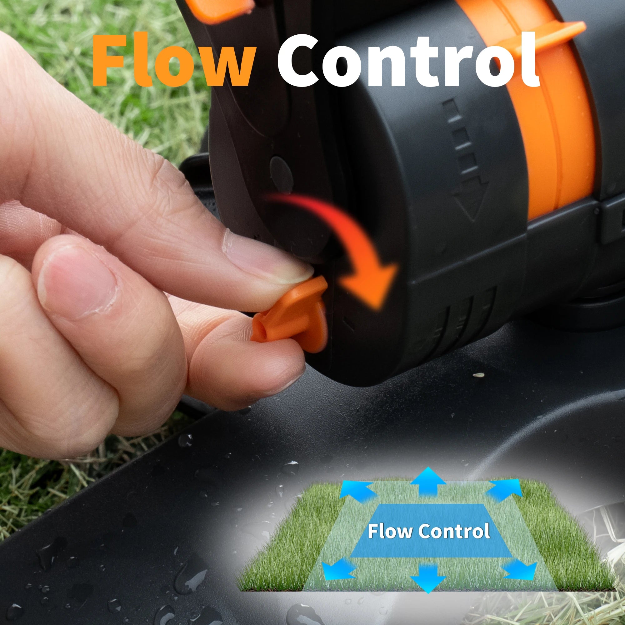 Oscillating water sprinkler with orange flow control lever on black body