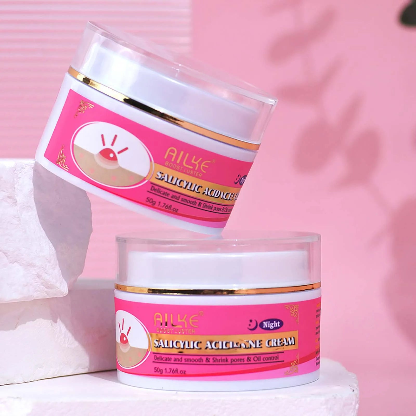 AILKE Natural Salicylic Acid Acne Cream jars for dark spot removal, skin brightening, and oil control. 50g skincare set.