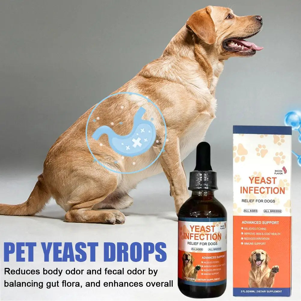 60ml herbal dog yeast infection drops for healthy skin, coat, and gut support to relieve itching and body odor.