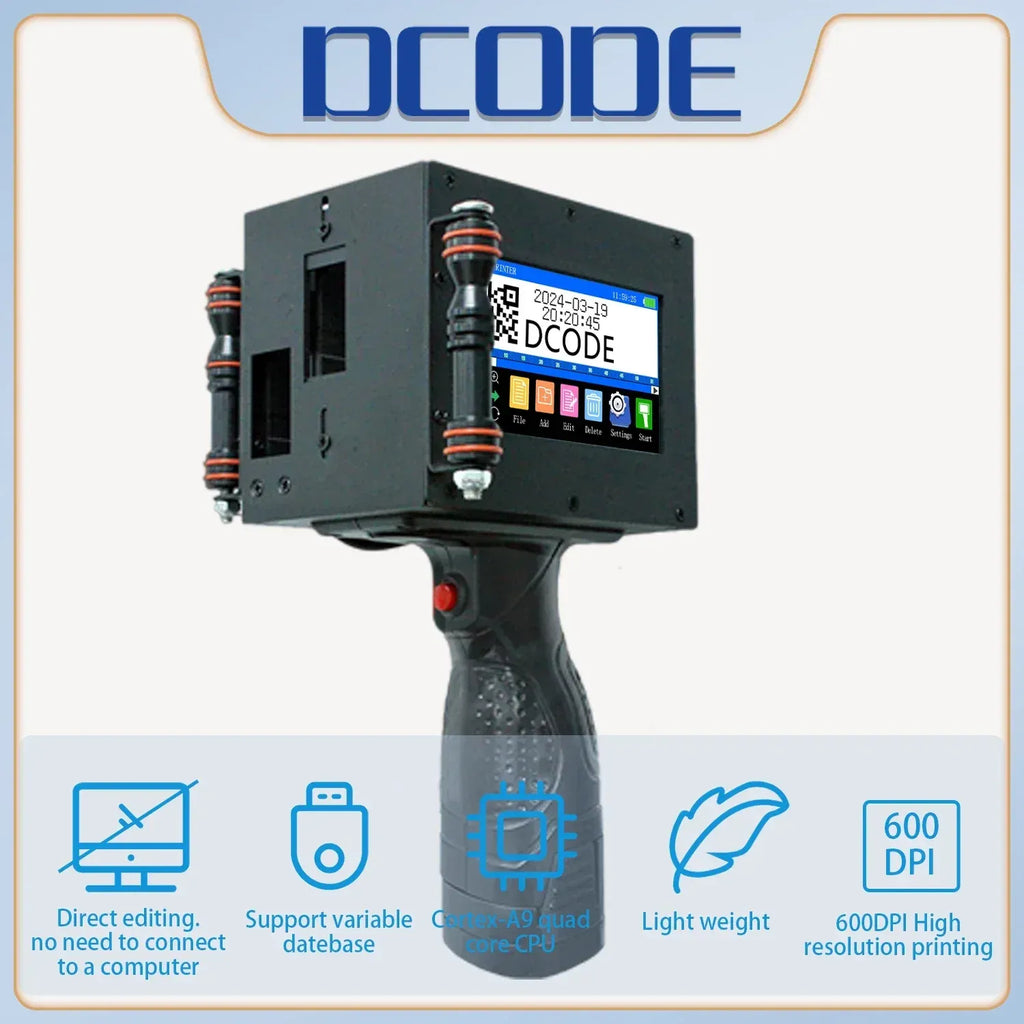 Handheld thermal inkjet QR printer with touchscreen and visible ink cartridge tubing