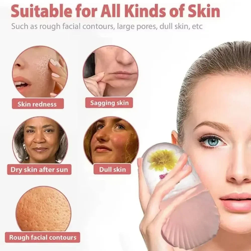 Woman using a pink silicone ice face roller with a floral insert against her cheek, shown with skin issue examples.