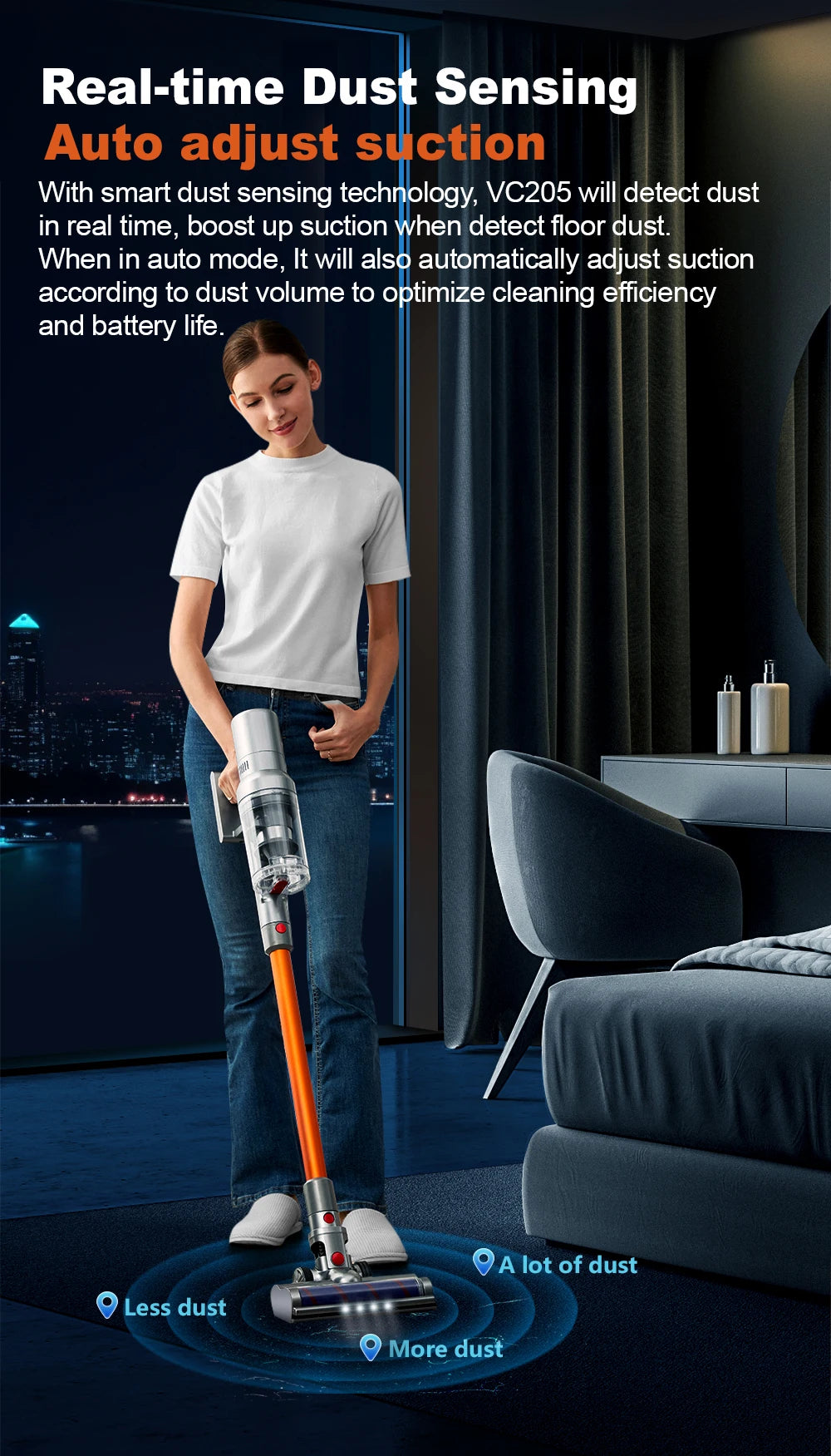 Tidesmit VC205 cordless vacuum with smart dust sensor, touch screen control, and powerful 27000PA suction performance.
