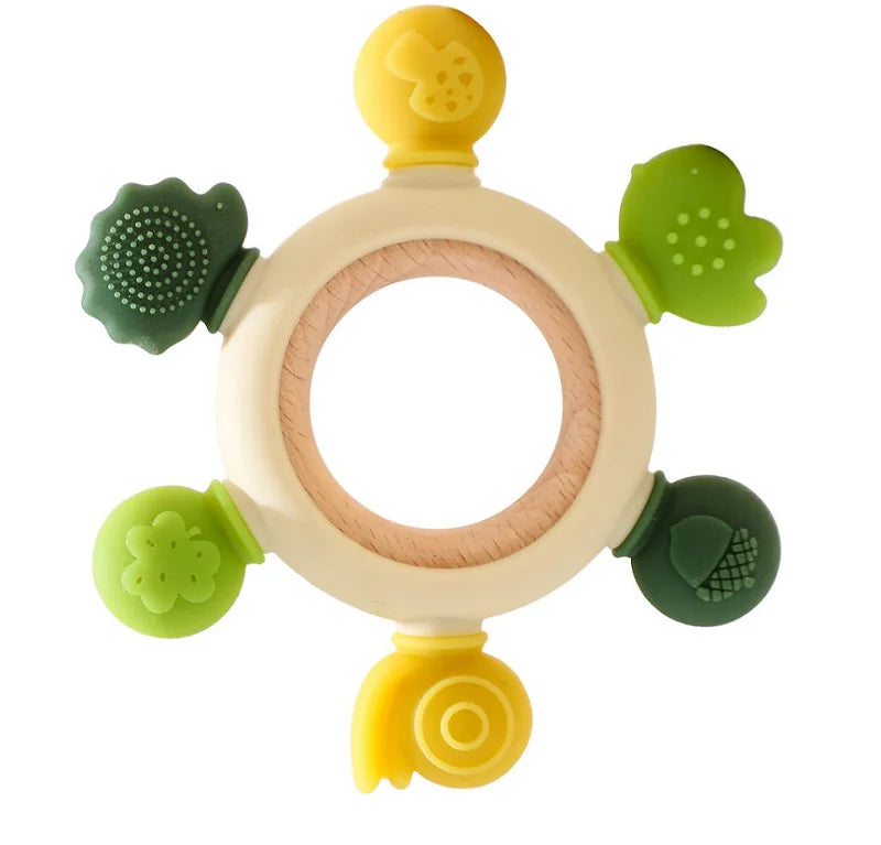 Multi-colored silicone and natural wood baby teething ring toy for infant pain relief.
