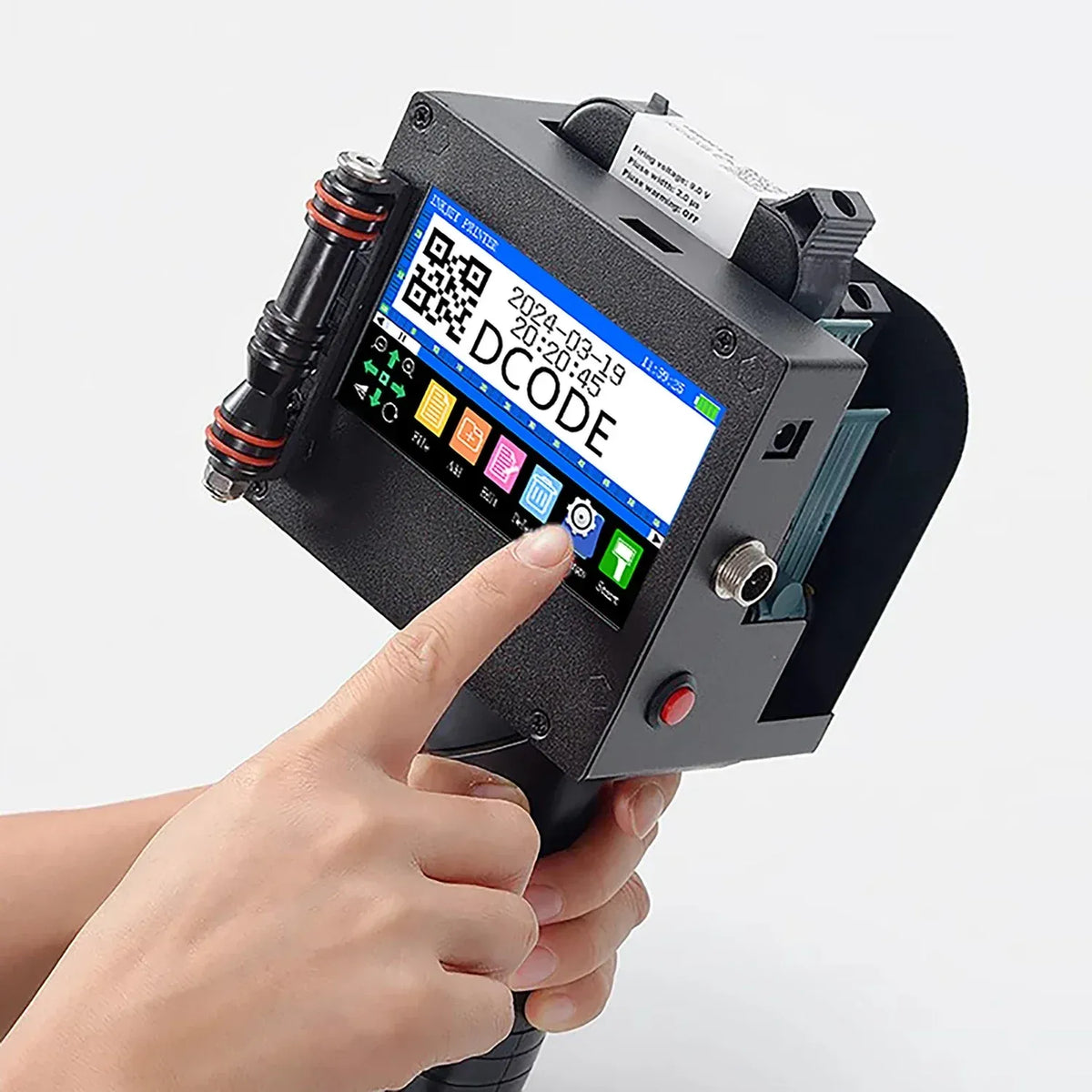 Handheld thermal inkjet printer held in hand showing QR code on screen