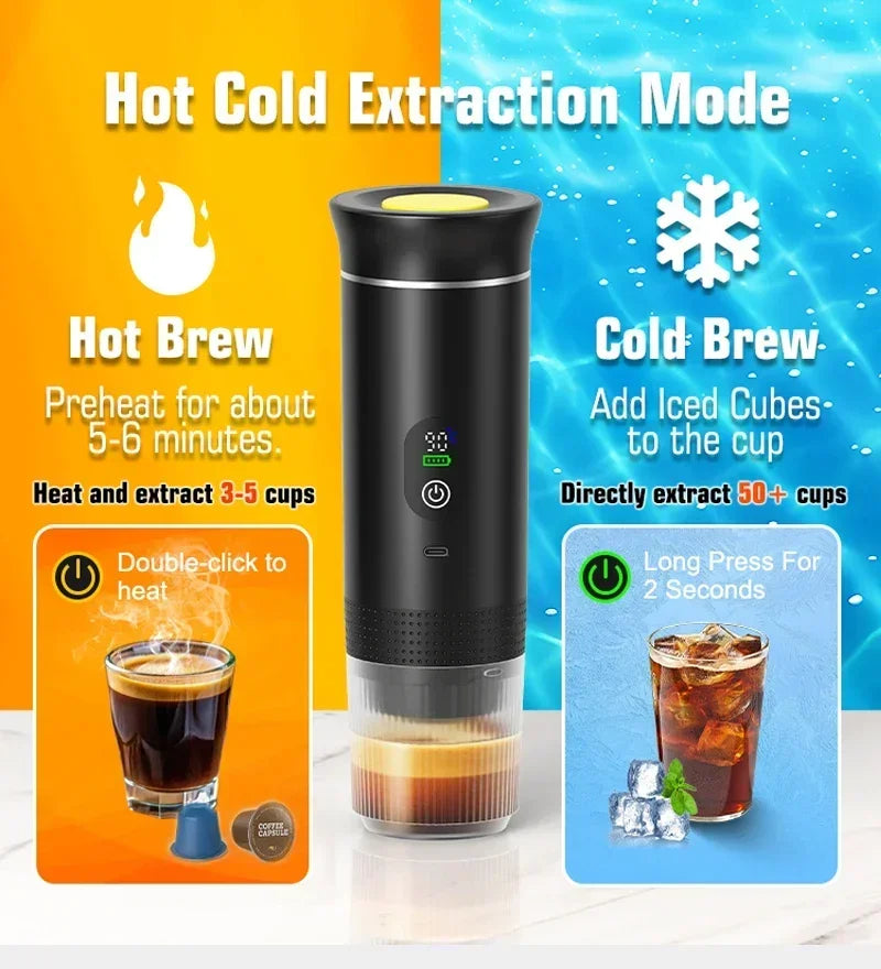 Portable black coffee maker with hot and cold extraction modes, digital display, and capsule compatibility.