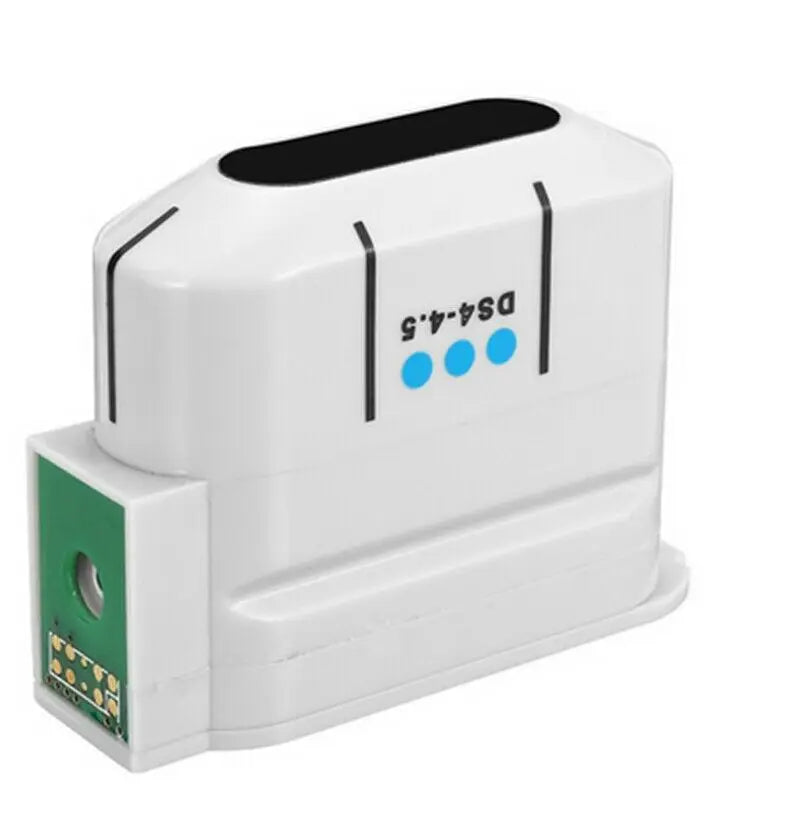 White, rectangular HIFU machine cartridge with "DS4-4.5" label, three blue dots, and green electronic connection port.
