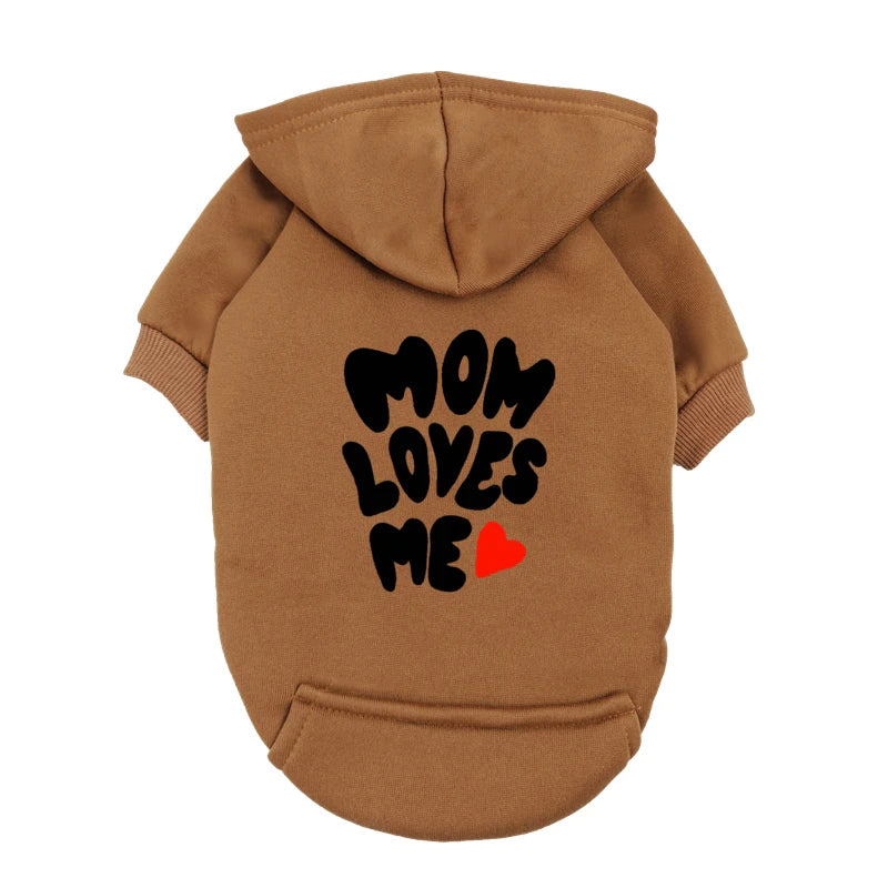 Brown "Mom Loves Me" dog hoodie with red heart for small dogs and puppies. Warm, cozy fleece pet sweater for winter.