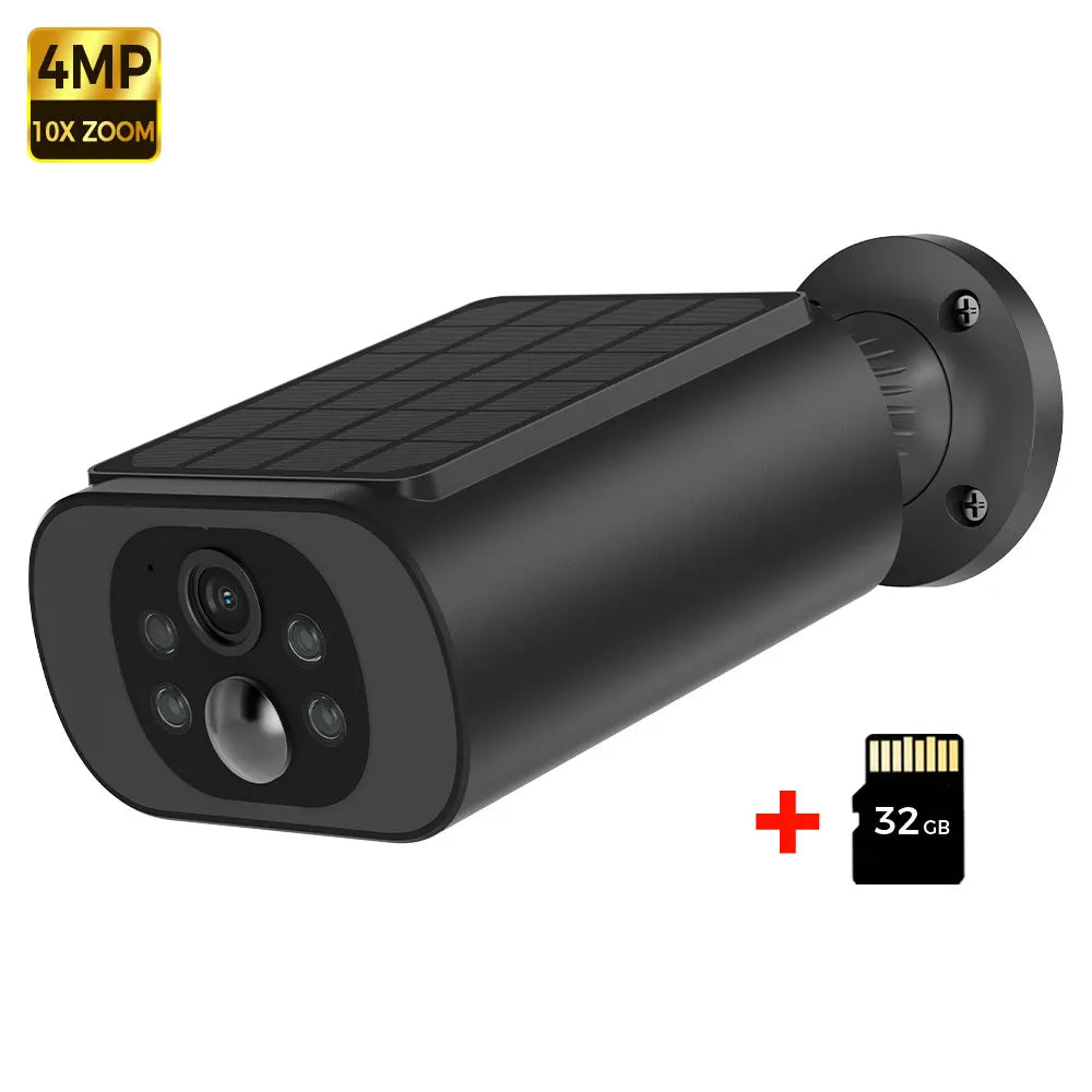 Black solar wireless security camera with solar panel and front quad-lens; includes 32GB card
