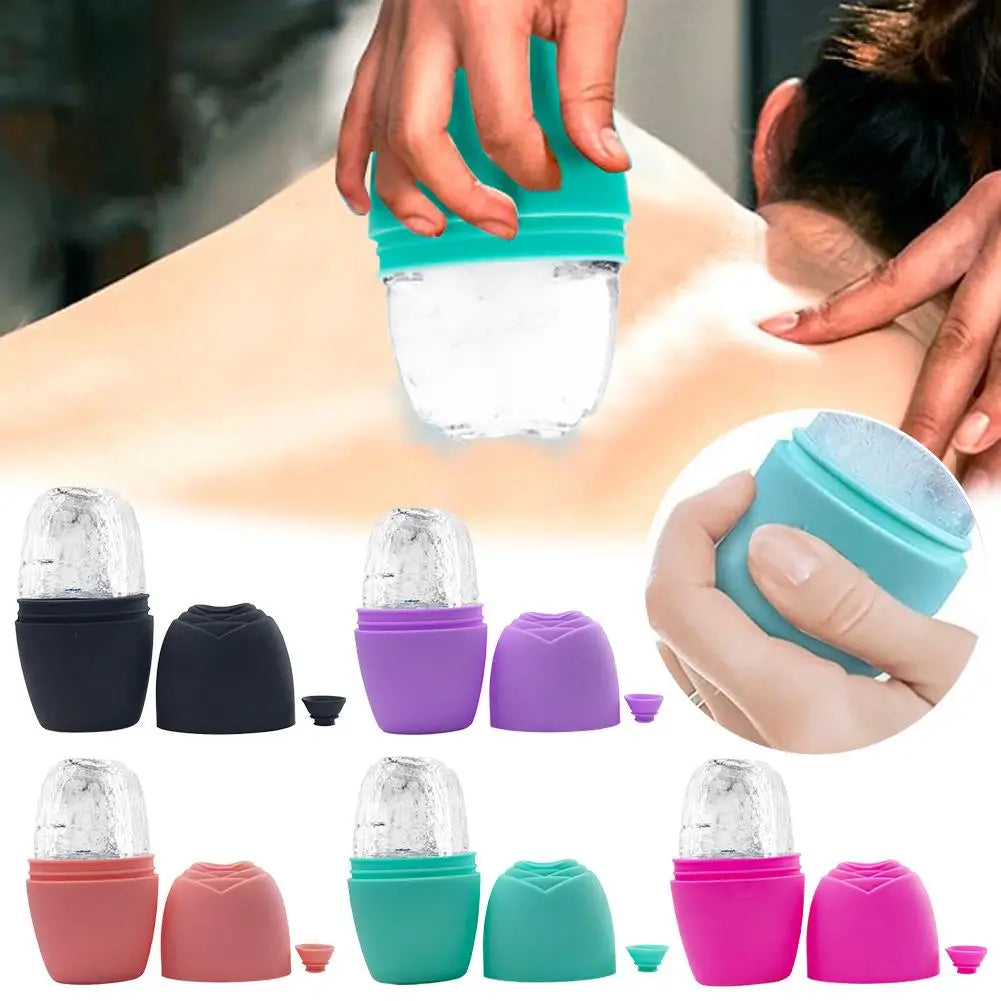 Silicone rose-shaped ice face roller molds in various colors, shown in use on skin and disassembled.