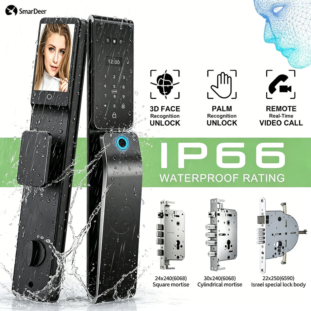 SmarDeer IP66 Outdoor Waterproof Smart Lock,3D Facial & Palm Vein Recognition Lock,Tuya WiFi Keyless Entry Security Lock