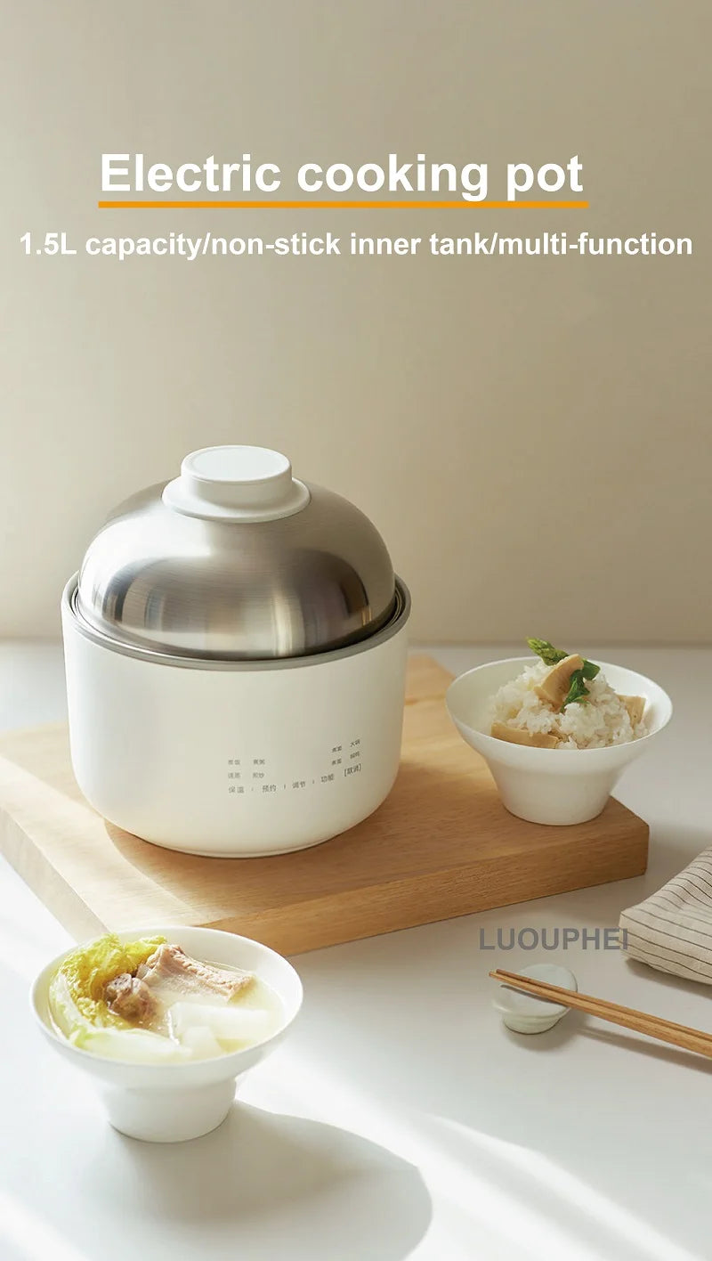 1.5L electric cooking pot with stainless lid, non-stick inner tank and serving bowls
