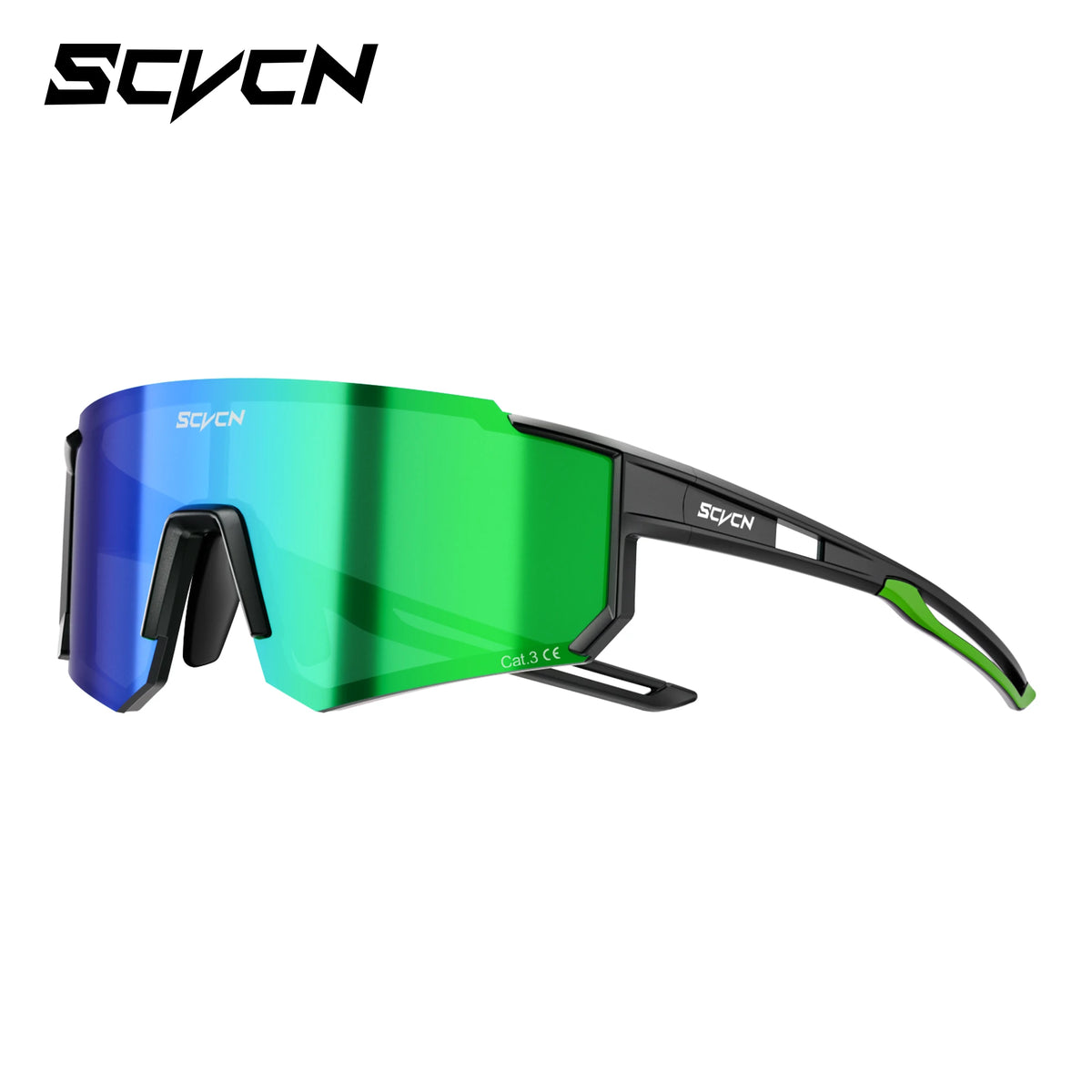 Cycling sport sunglasses with blue-green mirrored lens and black frame, wrap fit