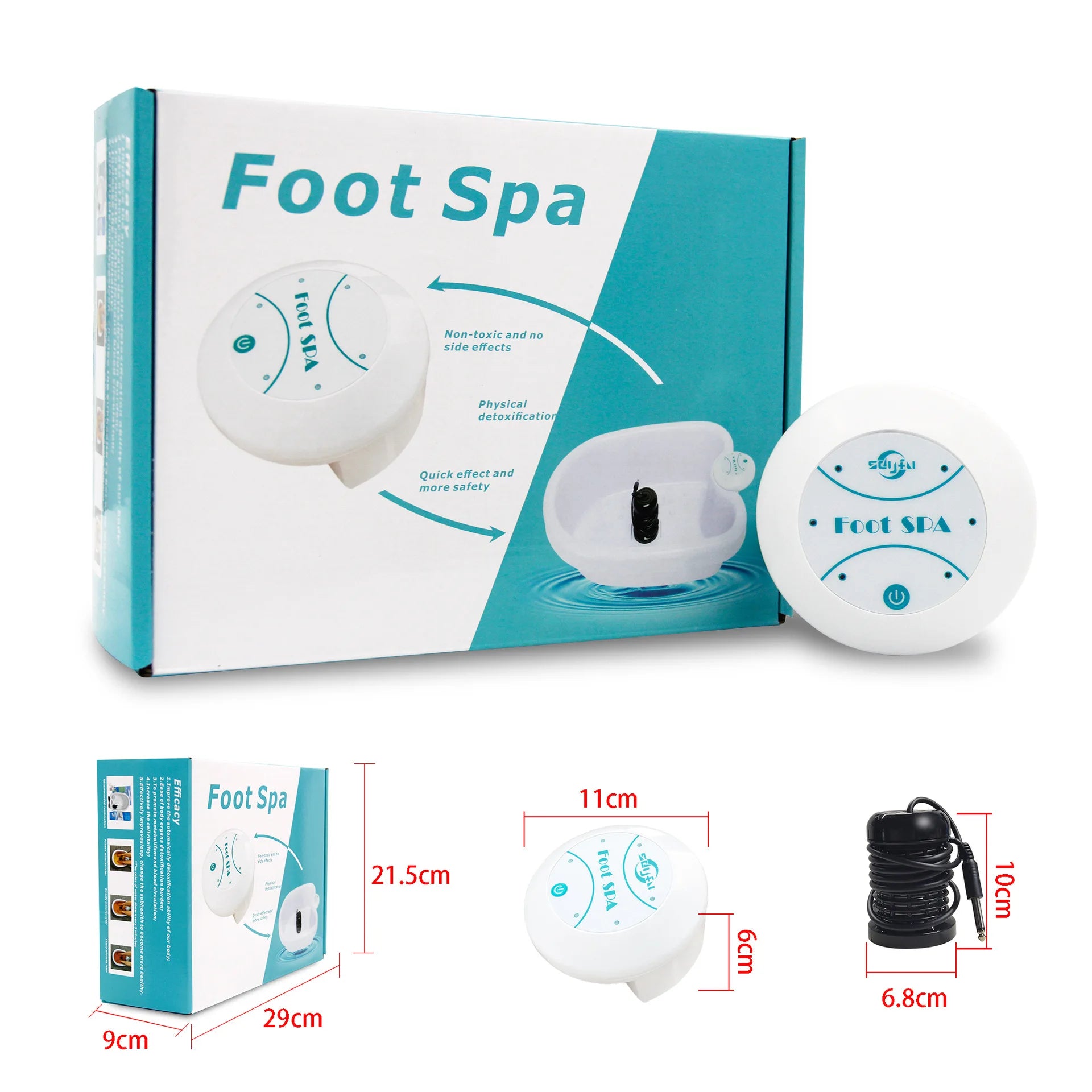 Electric ionic detox foot spa machine with ion array for home water bath therapy, shown with packaging and dimensions.