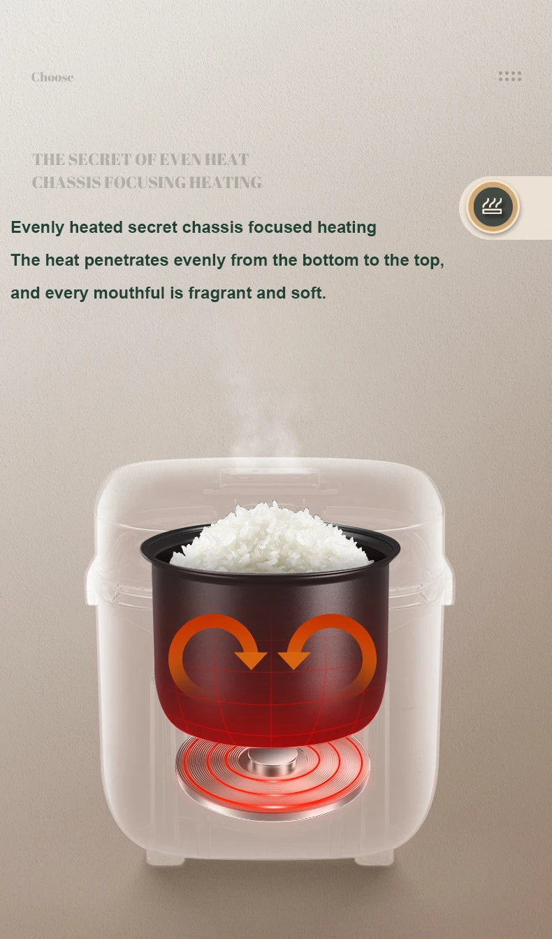 Mini electric rice cooker with ceramic inner pot and lid, steaming rice inside