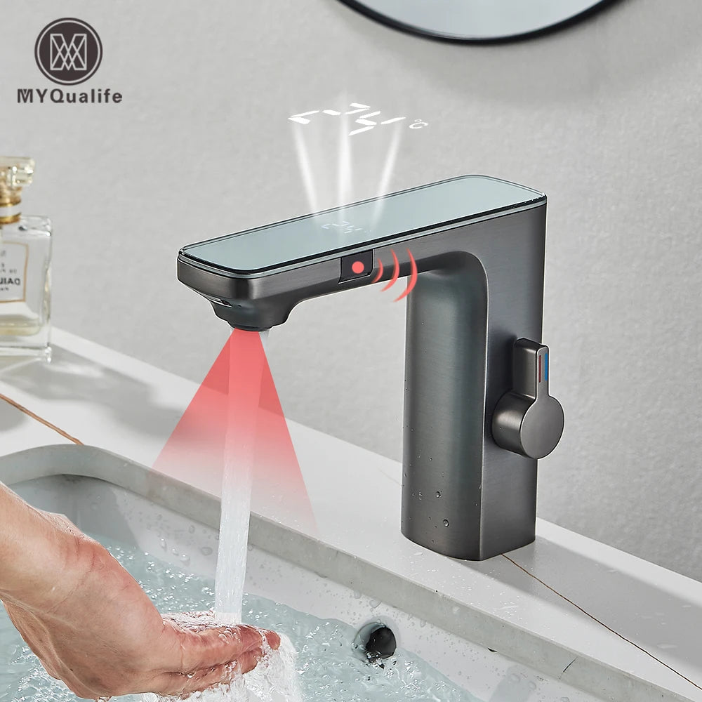 Smart Sensor Basin Faucet Digital Display Screen Hot Cold Water Mixer Tap Vanity Touchless Faucet For Bathroom Basin Taps Crane