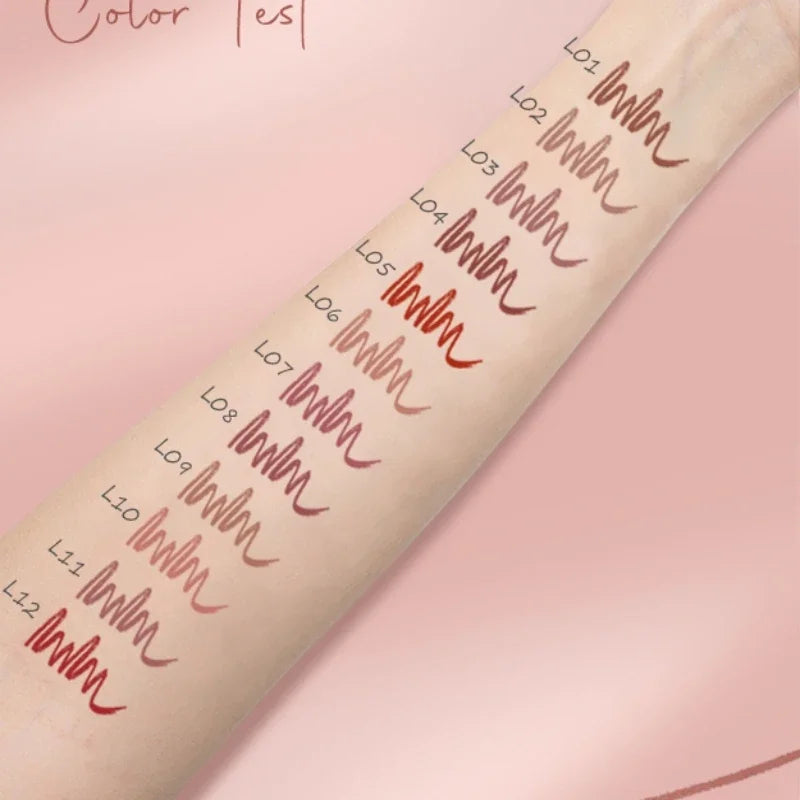 12 matte velvet lip liner shades swatched on arm, featuring waterproof long-lasting lipstick pen colors from L01 to L12.
