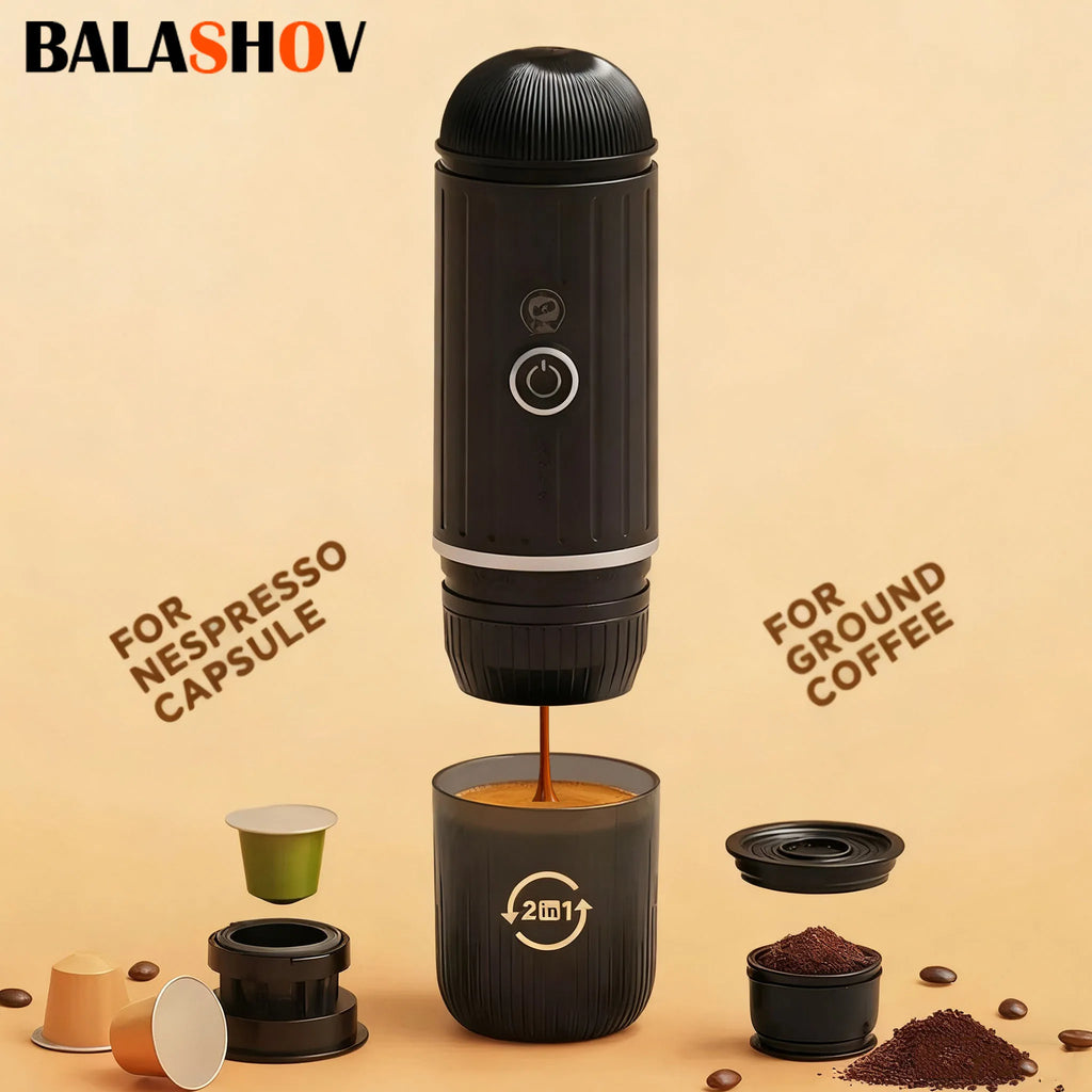 Balashov portable 2-in-1 black espresso maker for Nespresso capsules and ground coffee with integrated cup.