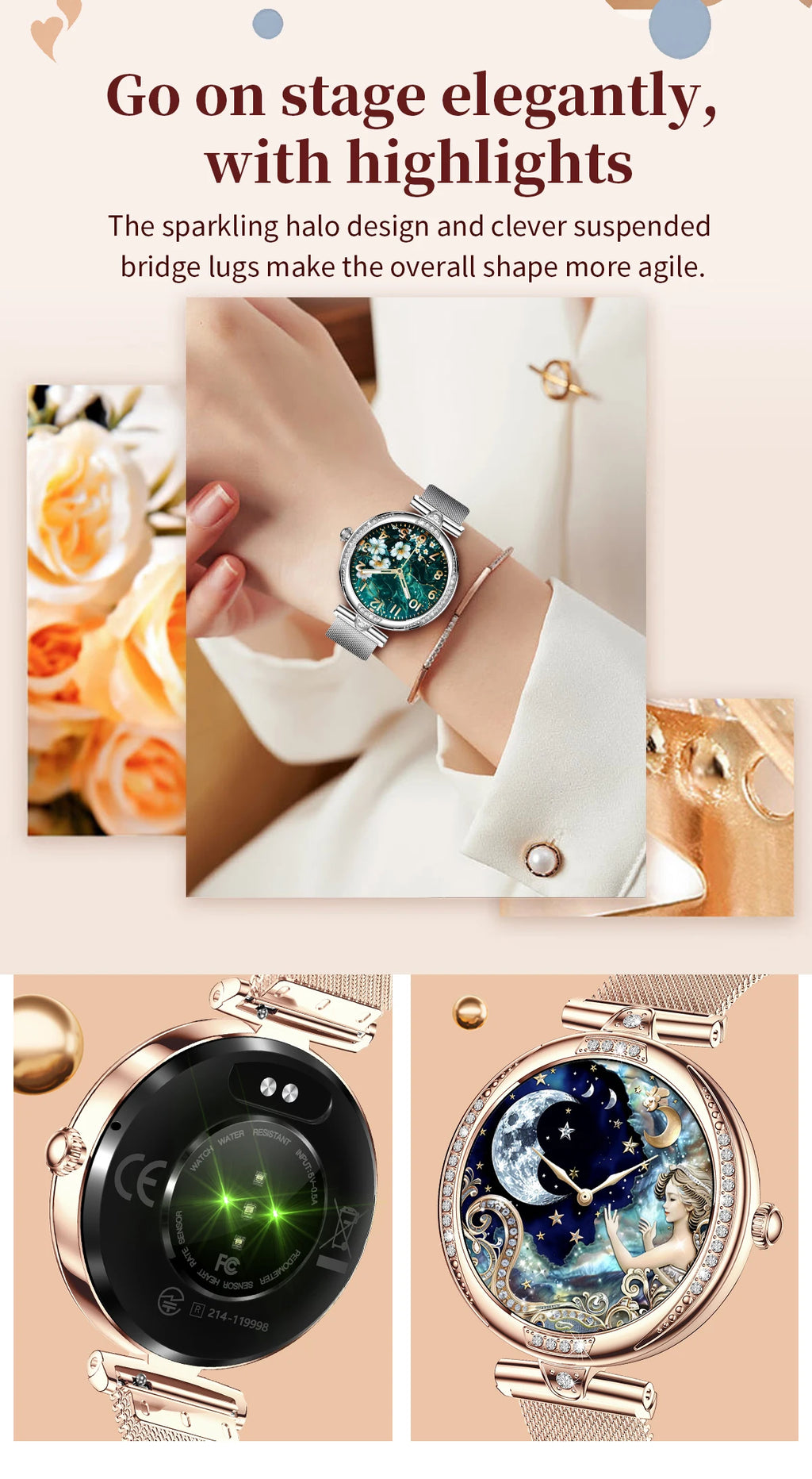 LIGE New Women Watch 1.19" 390*390 AMOLED Display Heart Rate Blood Oxygen Monitoring Bluetooth Call Fashion Diamond Smartwatch