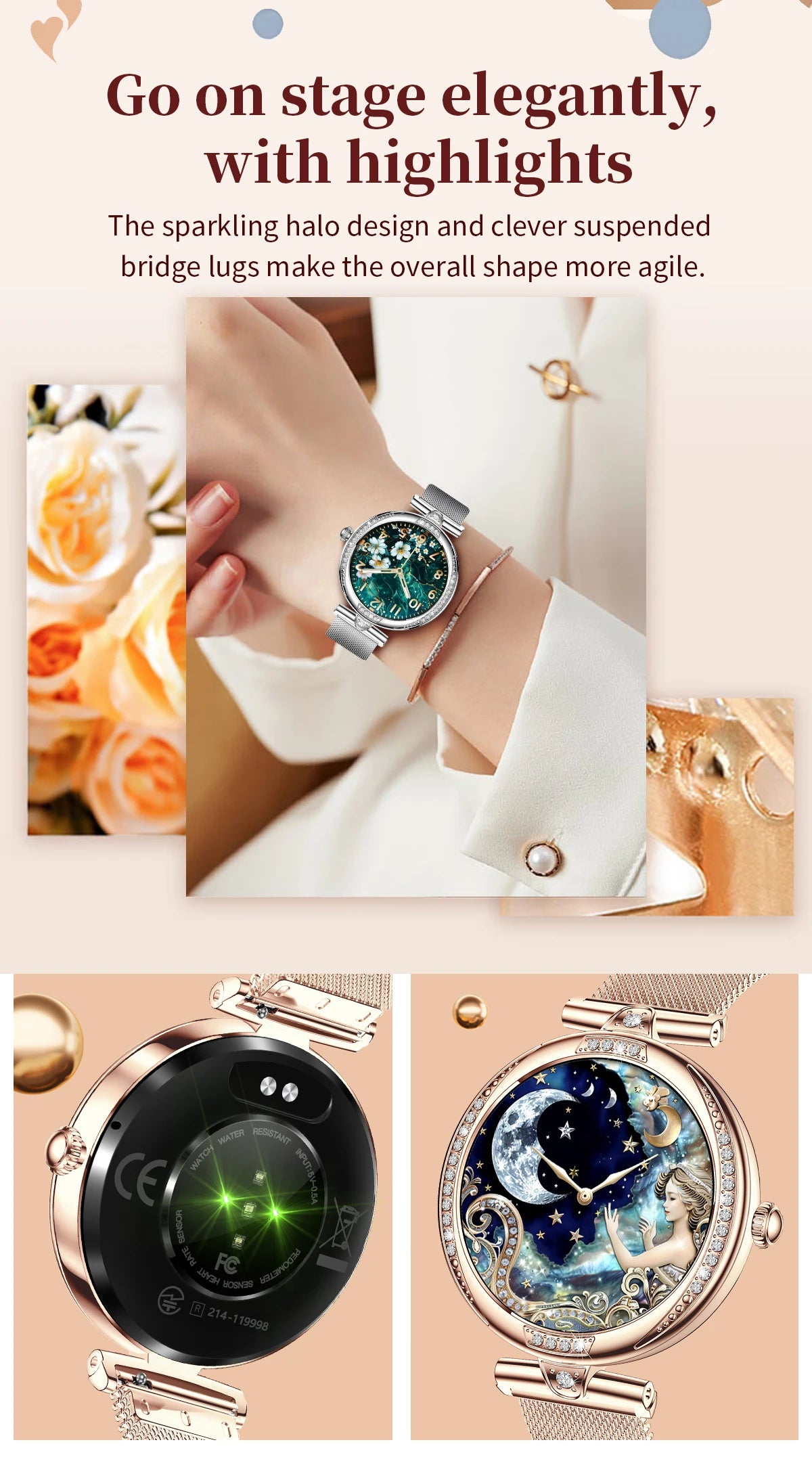 LIGE New Women Watch 1.19" 390*390 AMOLED Display Heart Rate Blood Oxygen Monitoring Bluetooth Call Fashion Diamond Smartwatch