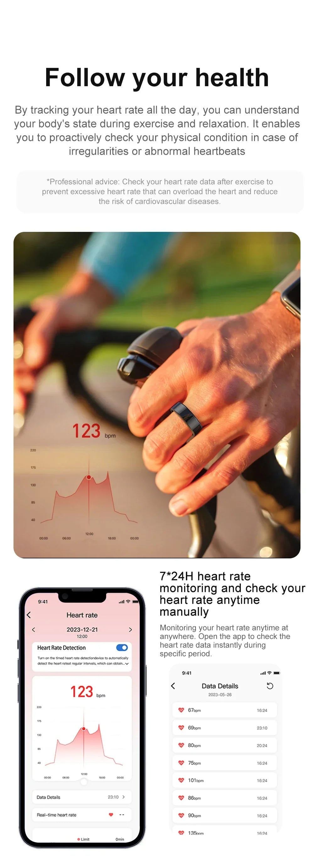 New Health Tracker Smart Ring, Heart Rate Blood Oxygen Monitoring Multi-sport Modes IP68 Waterproof for Men Women Sleep Fitness