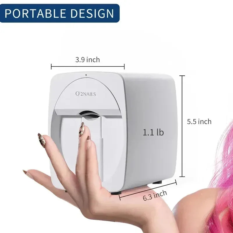 Portable smart 3D nail printer in white, compact size for home beauty salons, shows dimensions and lightweight design.