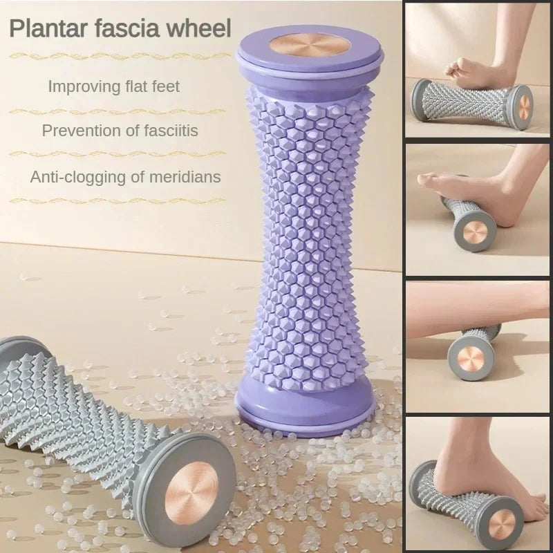 Purple spiky plantar fascia foot massage roller for muscle relief, muscle relaxation, and arch support therapy.
