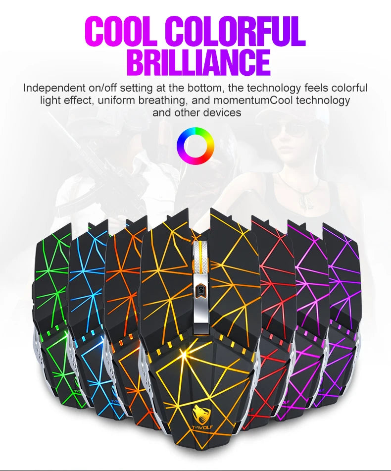 T-WOLF Thunderwolf Q15 Rechargeable Wireless Mouse RGB Glow Game Office Silent Laptop 2.4g Rechargeable Wireless Mouse