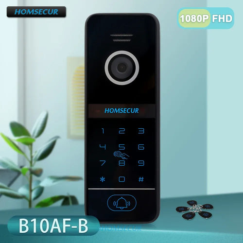 Black doorbell camera intercom with keypad, camera lens, and RFID area on front