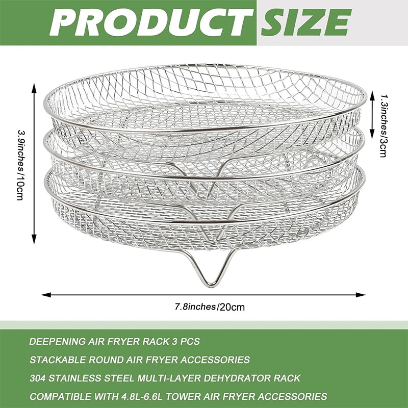 Round stainless steel stackable air fryer rack, 3-layer wire basket