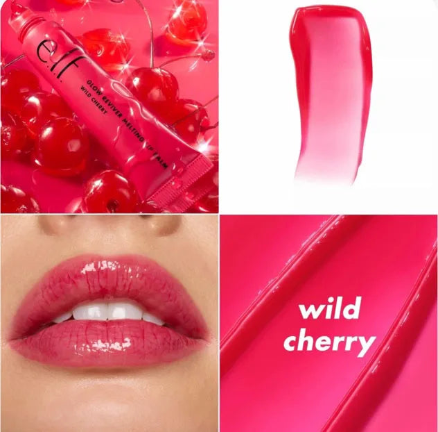 e.l.f. Glow Reviver Melting Lip Balm in Wild Cherry: glossy, moisturizing red cherry lip tint for hydrated lips.