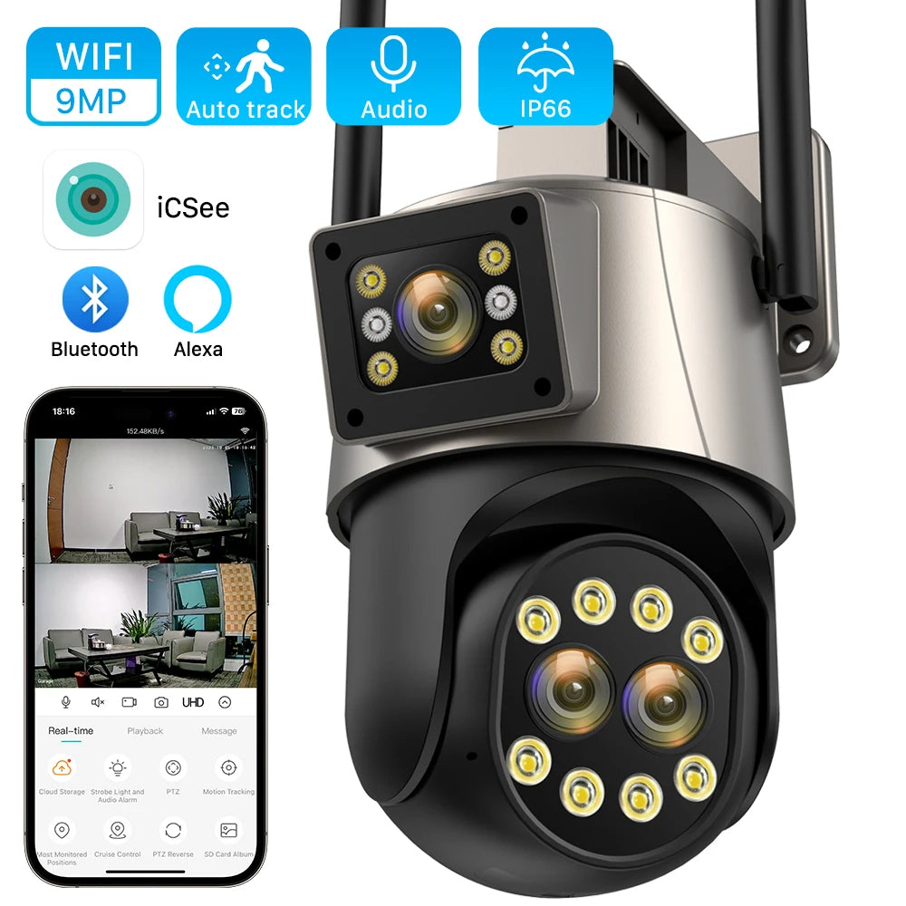 9MP 4.5K Three Lens WIfi  IP Camera Outdoor 8X Zoom Dual Screens AI Human Detect Auto Tracking  Home Security CCTV Surveillance