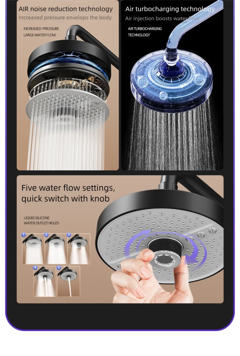 Adjustable Rainfall Shower Head 5 Modes Big Panel High-pressure Large Flow Top Spray 175mm Ceiling Mounted Supercharge Shower