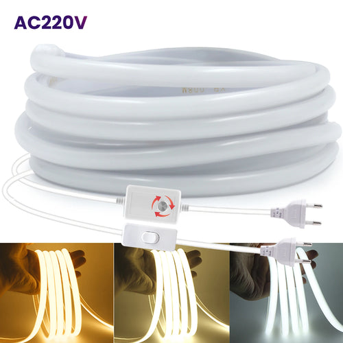 Flexible white COB LED strip light with EU plug and inline ON/OFF control box