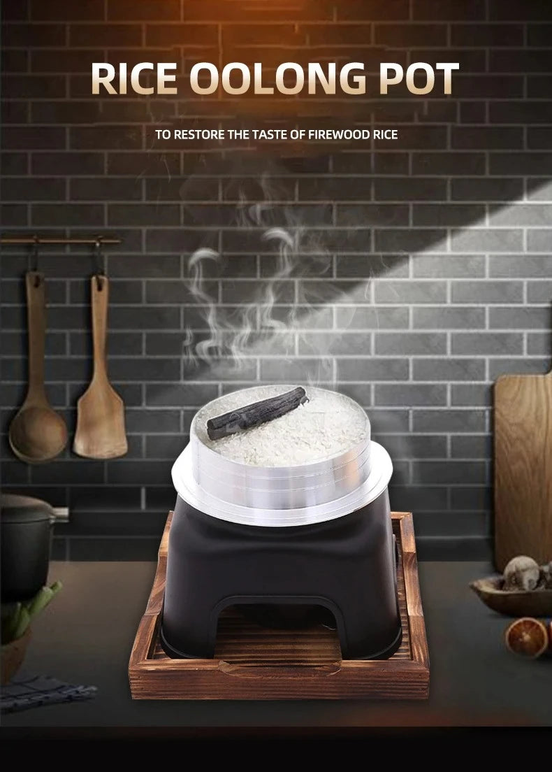 Portable smart multi-cooker with black base and metal inner pot filled with white rice