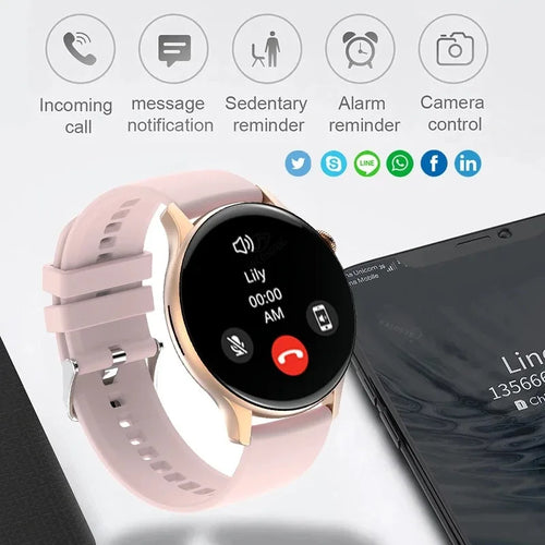 Pink smartwatch with black screen, watch face icons and calls feature indicators.
