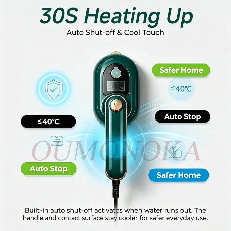 Green garment steamer with 30s heat-up, auto-stop safety, cool-touch handle, and digital display for clothes.