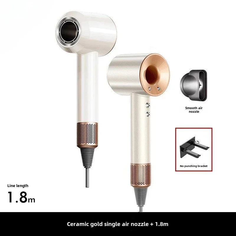 White and gold 5-in-1 professional hair dryer with smoothing nozzle, wall bracket, and 1.8m cord for sleek styling.