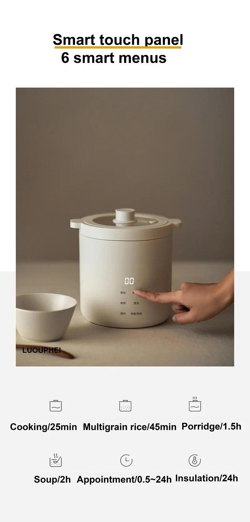 White electric rice cooker with finger on touch panel controls