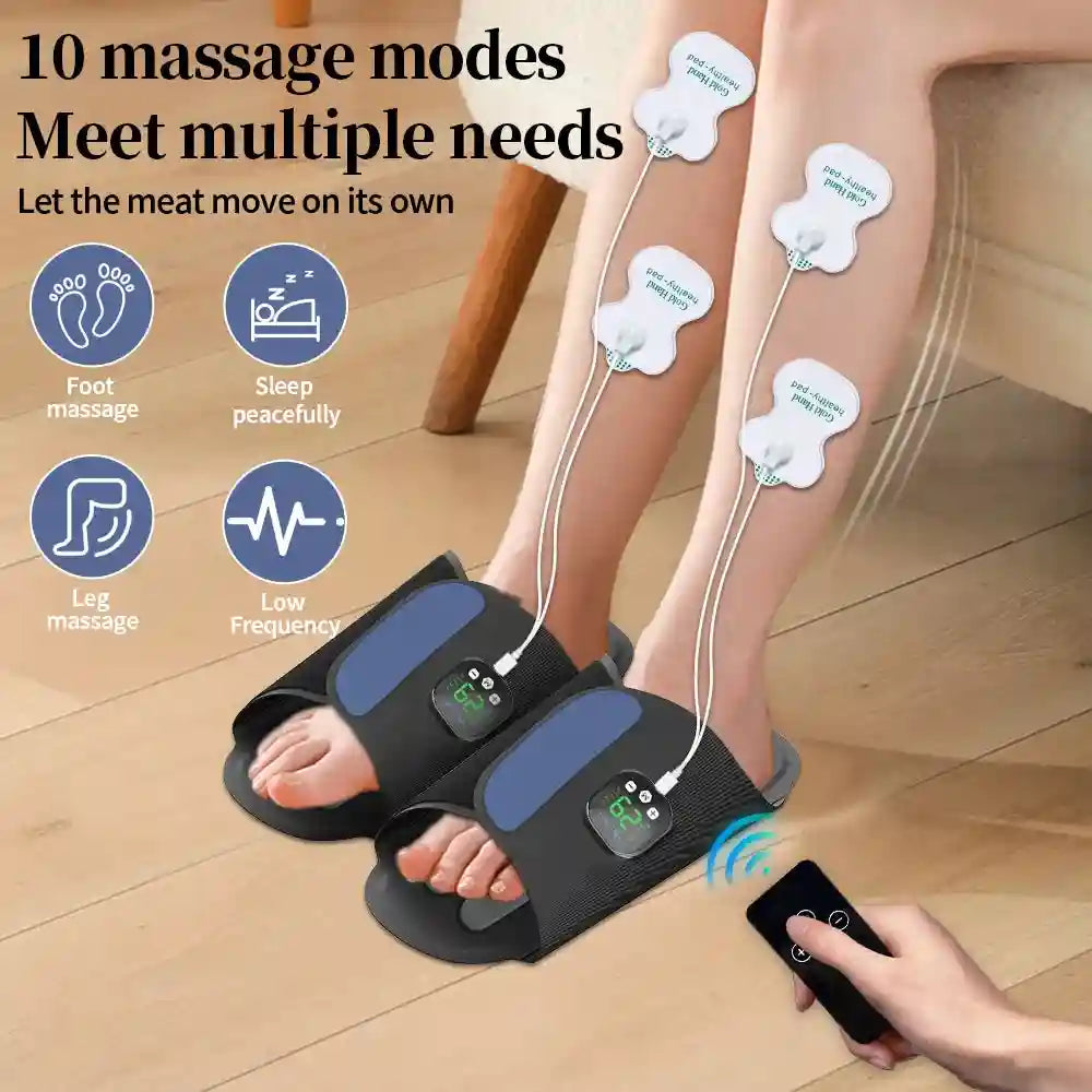 EMS foot massager slippers with remote, leg stimulation pads, 10 modes, and digital display for muscle relaxation.