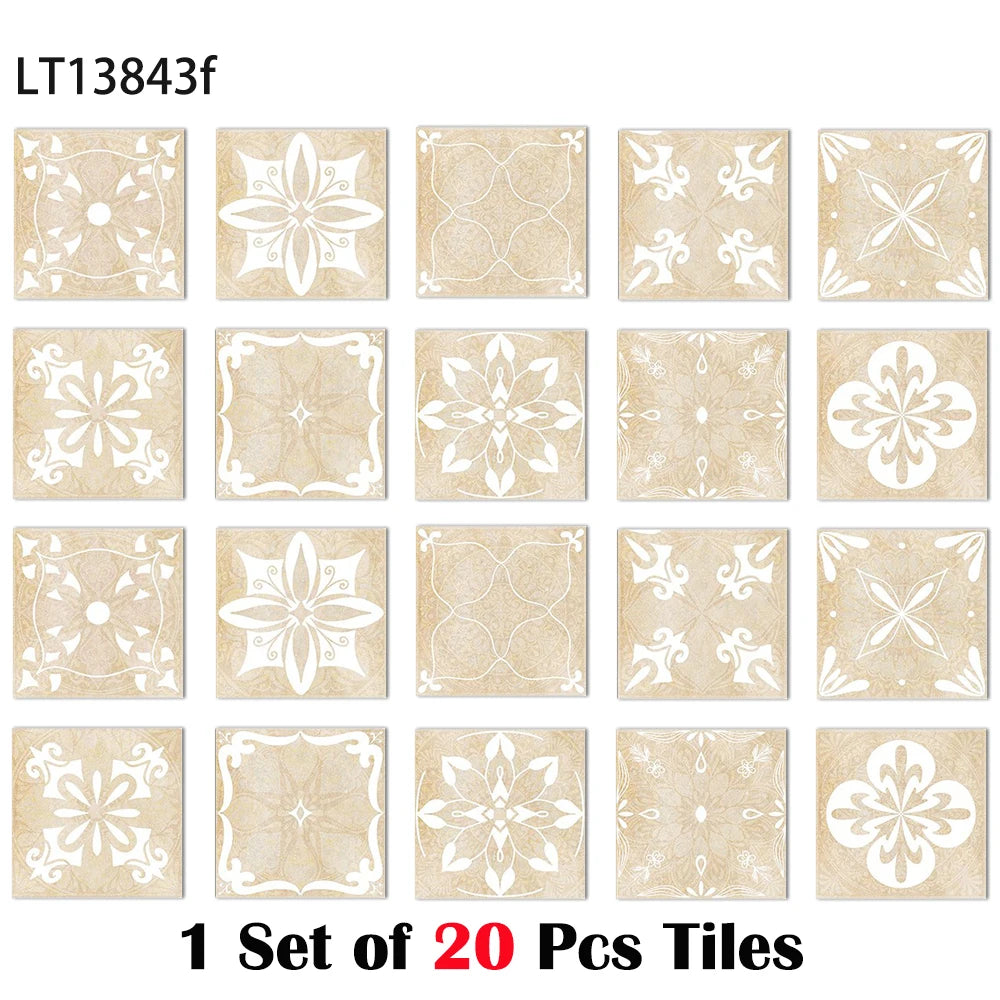 Square vintage tile wall sticker set, glossy beige/cream with white floral medallion designs