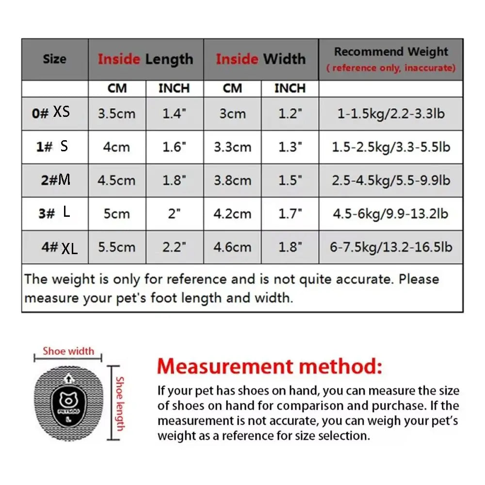 Size chart for breathable, anti-slip reflective dog shoes to ensure the perfect fit for paw protection and safety.