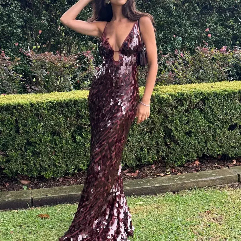 Glitter Sequins Spaghetti Straps Women's Evening Long Maxi Dress Sleeveless Backless High Waist Sexy Lady Birthday Party Gown