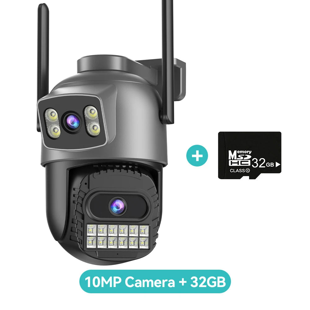 Outdoor dual-lens WiFi security camera, dark gray, two antennas; includes 32GB microSD