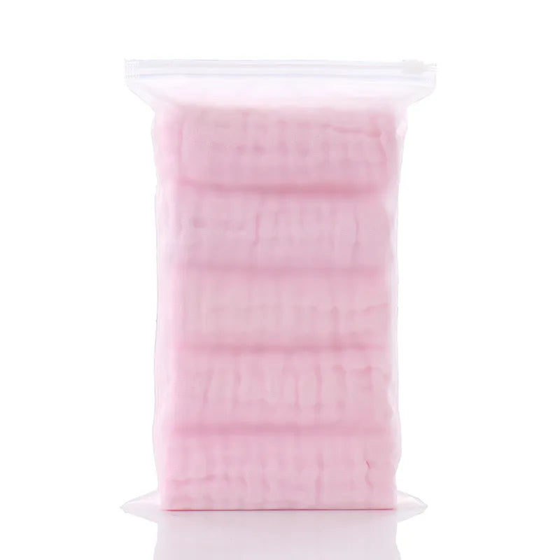Soft pink baby care cotton washcloths, pack of 5, gentle muslin cloths for infant skincare.