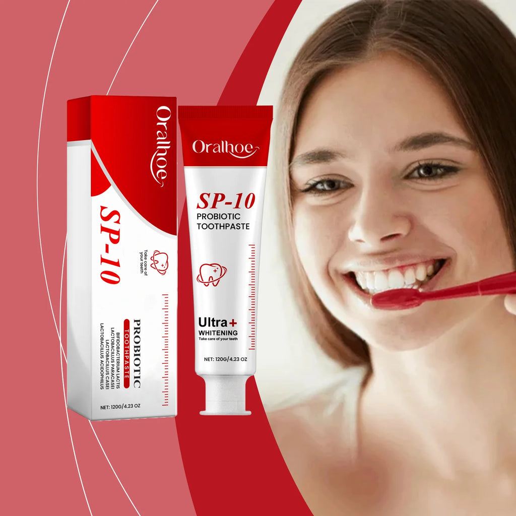 Tidesmit Sp10 probiotic toothpaste for teeth whitening, plaque removal, and healthy gum protection.