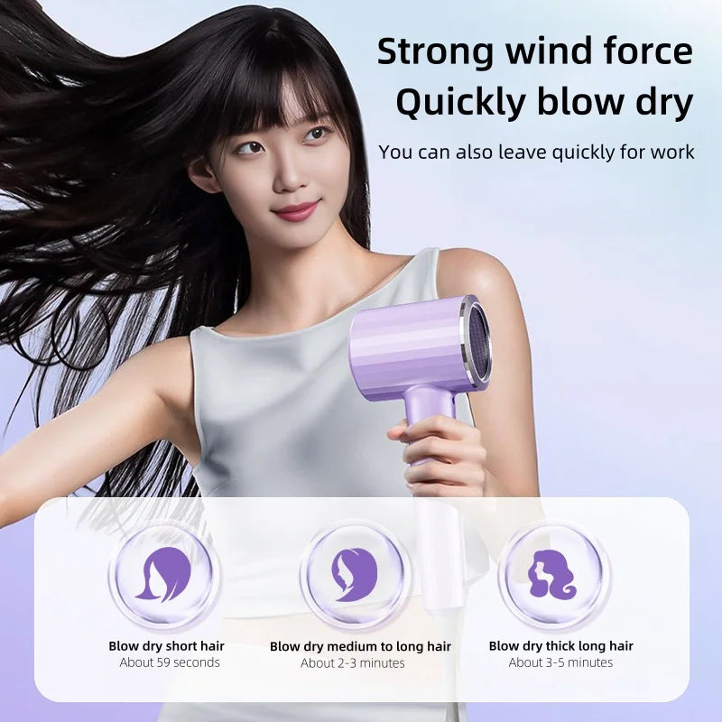 2400W purple ionic hair dryer with magnetic nozzle for fast, silent, salon-quality blow drying for all hair types.