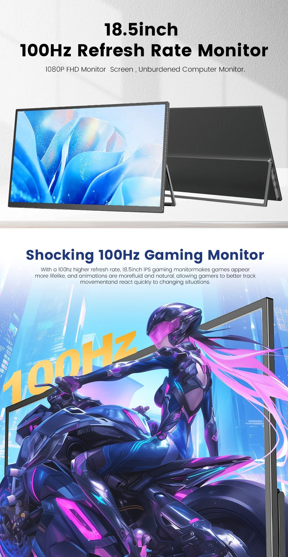 WonTim 18.5Inch Portable Monitor 100Hz Gaming Screen USB-C 100%sRGB 350Nits Display with Stand for PC Laptop Mac Xbox PS5 Switch