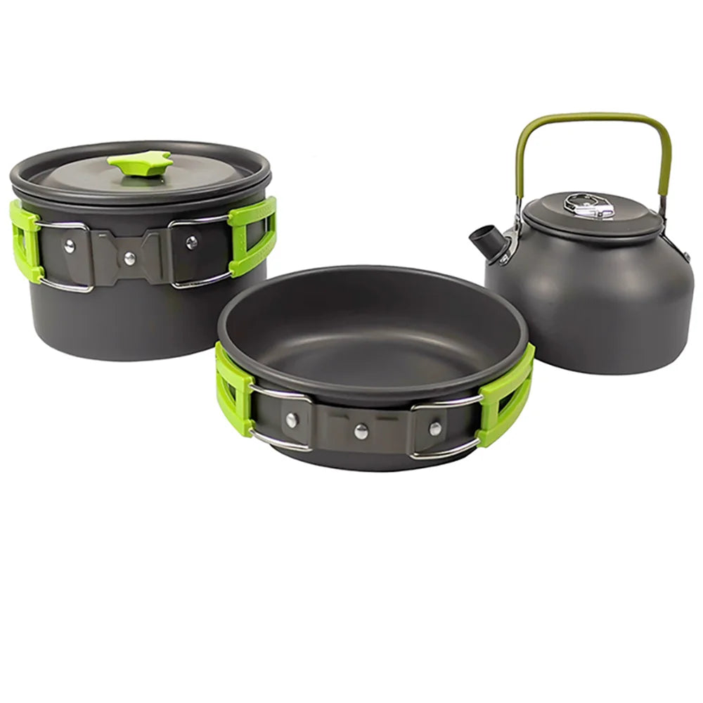 Aluminum camping cookware set with black pots and lime-green handles and straps