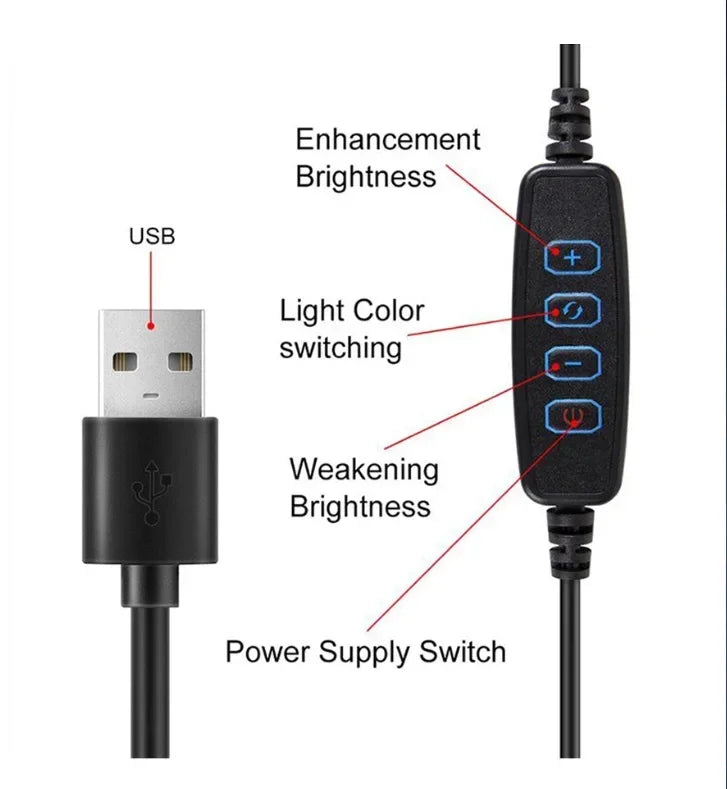 USB power cord with a black inline controller featuring buttons for brightness, color mode, and power.